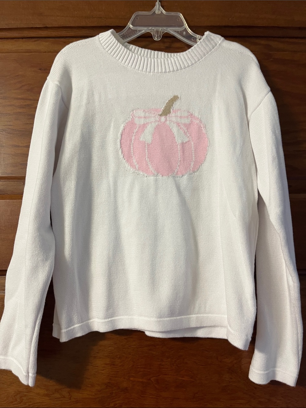 White Girl’s Crewneck Sweater with Pink Pumpkin Motif